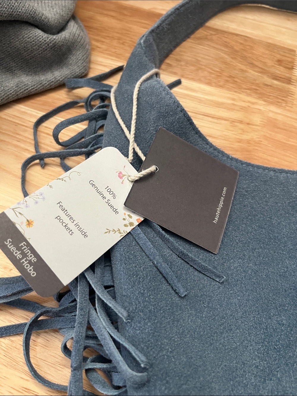 NWT Haute Hippie Slate Blue Genuine Suede Fringe Hobo Shouler Bag Western - Picture 8 of 10